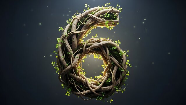 Number six crafted from intertwined branches and vibrant green leaves against a dark backdrop creating a natural and organic numeral design element for creative projects