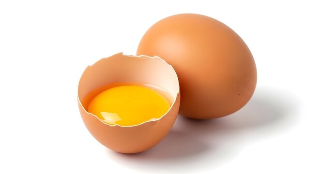 Brown eggs one cracked open isolated on white background