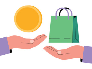 Illustration of two hands exchanging a gold coin for a green shopping bag vector