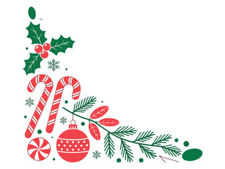 A festive Christmas corner decoration featuring candy canes, ornaments, and holly