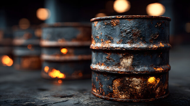 Rusty black oil barrels, concept for crude oil price, energy industry, and commodity market. 3d rendering