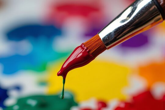 Close-up of a colorful paintbrush dripping with vibrant paints