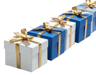 Several colored gift boxes arranged in a diagonal row, each tied with a golden ribbon
