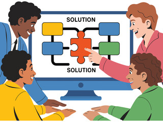 Group of people looking at a computer screen with a solution diagram on the screen