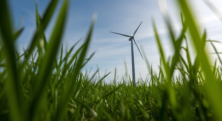 Wind turbine seen through green grass blades