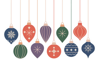 A collection of ten hanging christmas ornaments with various designs and colors on white
