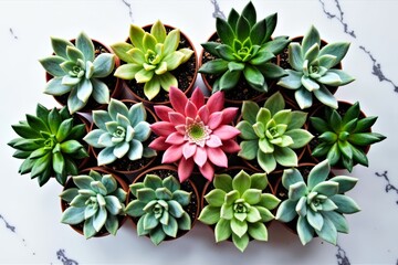 A Stunning Aerial View of Colorful Succulents in Geometric Formation on a White Marble Table