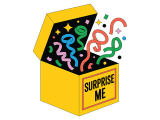 Yellow surprise box with confetti and streamers popping out and surprise me text