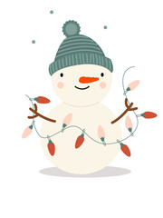 A funny snowman in a blue hat decorates with garlands
