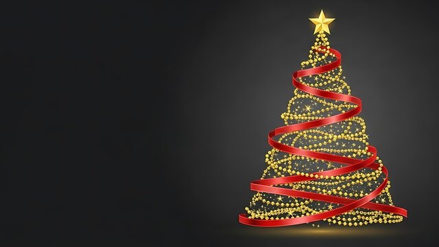 Elegant christmas tree made of golden beads and stars with a red ribbon on a dark background creating a festive and luxurious holiday season atmosphere