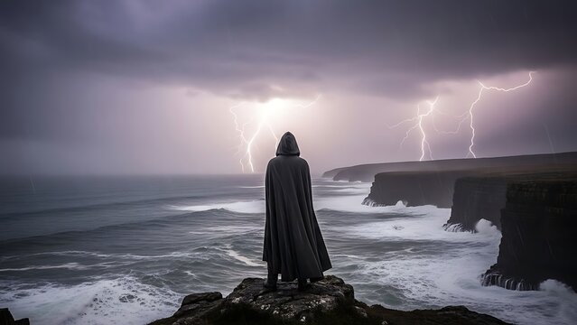 Figure in a dark cloak stands on a cliff overlooking a stormy sea with lightning strikes illuminating the dramatic landscape and the turbulent ocean waves