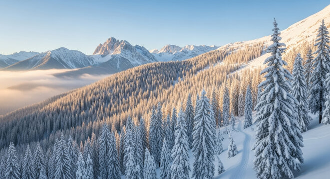 landscape of snow-covered mountains and forests under the sky