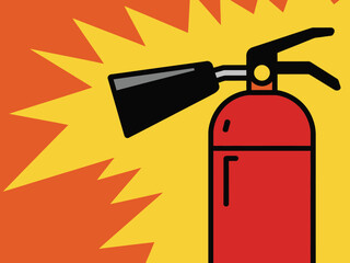 Illustration of a red fire extinguisher with black nozzle against yellow background