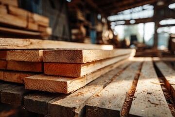Wooden planks stacked in a sunlit workshop highlighting craftsmanship and woodworking processes