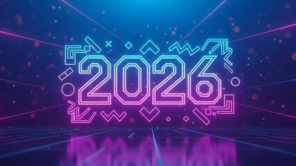 Glowing neon 2026 new year design with futuristic grid and vibrant colors perfect for digital backgrounds and festive themed designs and promotions online