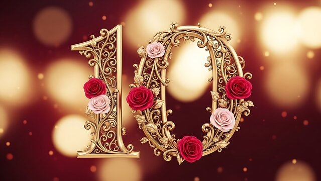 Elegant golden number ten anniversary design with floral accents against a bokeh background for celebrating a decade of success and milestones in style - Powered by Adobe