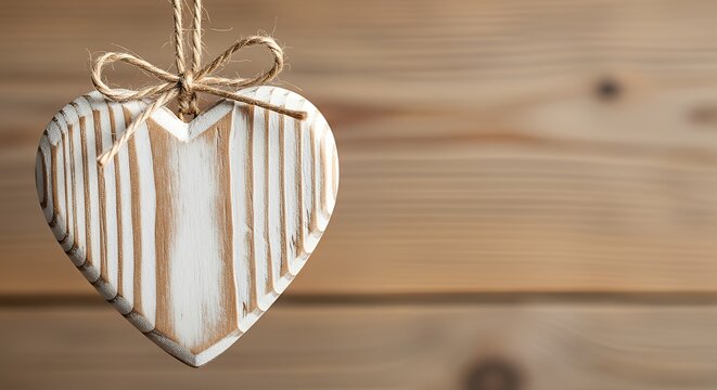 Rustic wooden heart ornament hanging against a wood panel background for valentines - Powered by Adobe