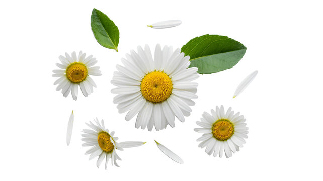 Delicate daisy blossoms with vibrant leaves create a modern floral design