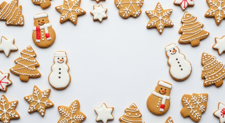 top-down, close-up view of various gingerbread cookies dusted with powdered sugar, arranged to form a border around a central white space
