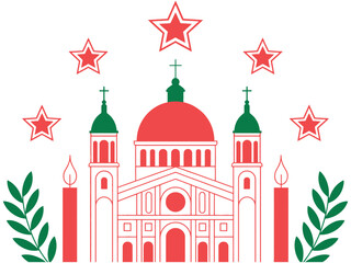 A stylized illustration of a grand cathedral surrounded by festive stars and candles