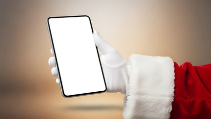 Santa claus holding a blank smartphone with a white screen for christmas advertising and holiday promotions showcasing festive technology and seasonal offers