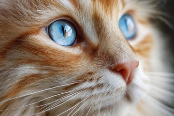 Close-up of a fluffy orange cat with striking blue eyes looking curiously outdoors during a sunny afternoon