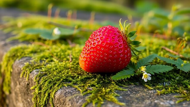 Closeup of a vibrant red strawberry resting on a bed of lush green moss with small white flowers creating a natural and inviting scene in soft sunlight