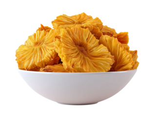 PNG of A vibrant bowl of dried pineapple slices, showcasing their rich yellow hue and unique texture.