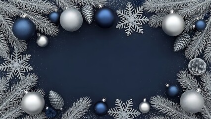 Elegant christmas background with silver and blue ornaments pine cones and snowflakes creating a festive border on a dark blue surface perfect for holiday designs