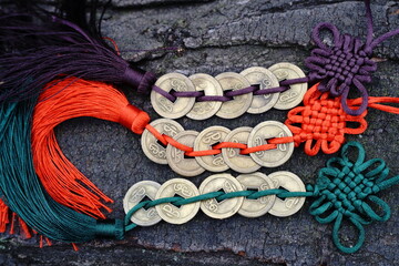 Three bundles of Chinese coins in close-up.