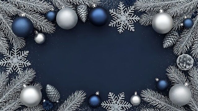 Elegant christmas background with silver and blue ornaments pine cones and snowflakes creating a festive border on a dark blue surface perfect for holiday designs