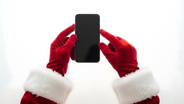 Santa claus using a smartphone with red gloves against a white background perfect for christmas promotions and holiday marketing campaigns this december season