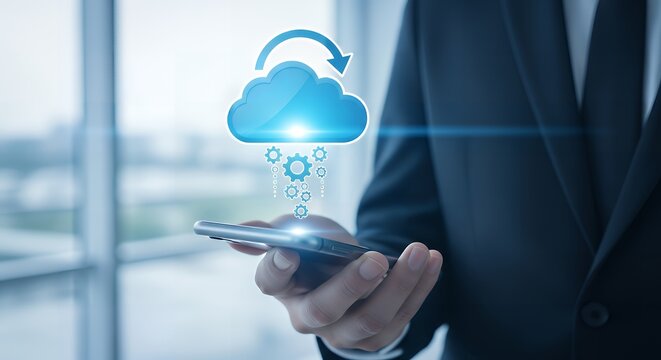 Man holds smartphone displaying cloud computing and data synchronization technology