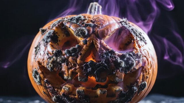 Spooky Halloween Jack-o'-lantern with glowing eyes and purple smoke