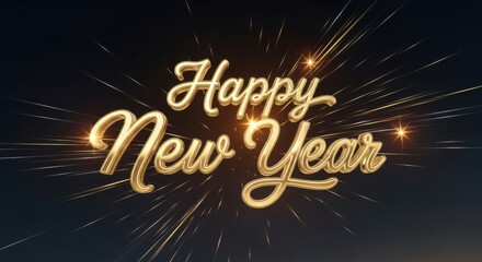 Happy new year golden 3d text with radiant light burst effect