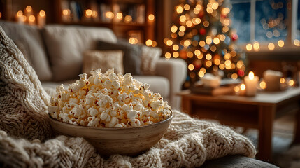 Cozy family movie night scene with a bowl of popcorn in focus, soft blankets, warm candlelight, and a glowing Christmas tree creating a relaxed holiday atmosphere.