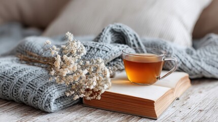 A cup of tea sits on a table next to a book and a pillow. The scene is cozy and inviting, with the tea and book suggesting a relaxing and leisurely atmosphere