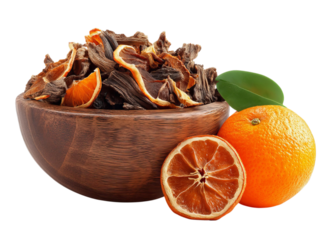 PNG of A wooden bowl filled with dried orange peels, accompanied by fresh oranges and a dried orange slice, showcasing vibrant colors.