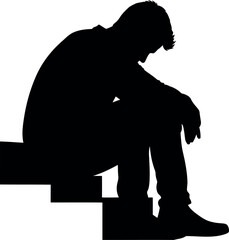 Silhouette of a depressed person sitting alone on steps in sorrow.