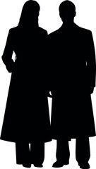 Silhouette of adult couple in long coats standing together on white.