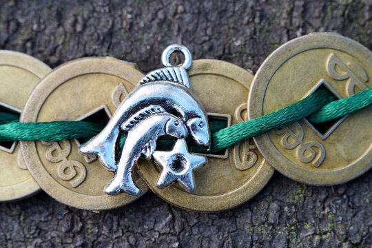 Chinese coins and a fish figurine in close-up. Finance and horoscope. - Powered by Adobe