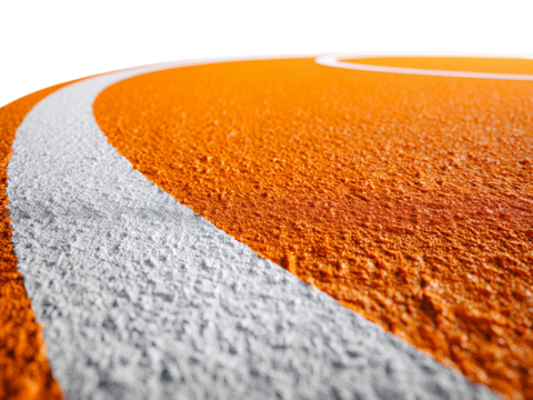 PNG of Close-up of a vibrant orange sports track with a white lane marking, emphasizing motion and athleticism.