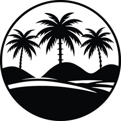 Desert oasis with tall palms and glowing sunset atmosphere Vector illustration