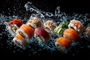 Colorful sushi rolls splashing in water create a dynamic and appetizing scene
