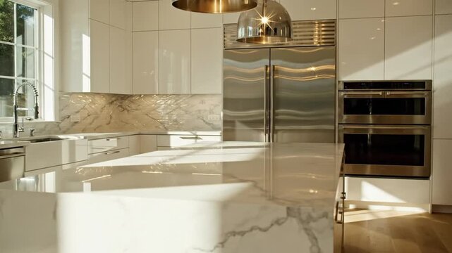 Modern kitchen, featuring an island, stainless steel appliances, marble backsplash and countertops, and natural light