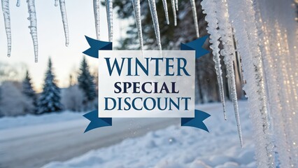 Announcing amazing winter special discount deals with beautiful frozen icicles glittering in the sun on a snowy day, perfect for holiday promotion campaigns