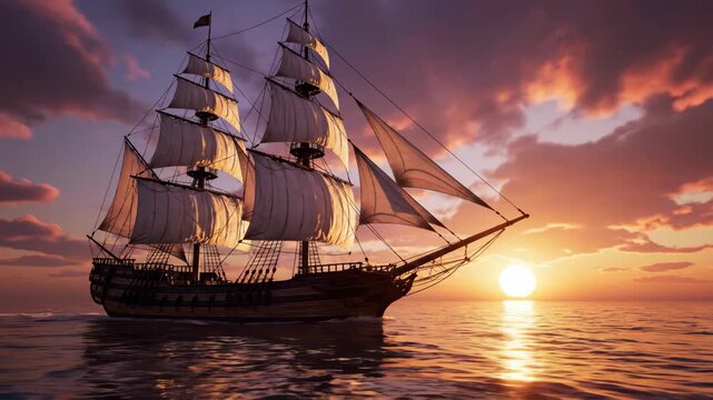 Majestic three-masted sailing ship sails on ocean at sunset with dramatic clouds and golden light reflections
