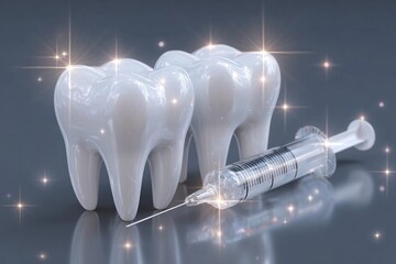 Dental care tools with shining teeth and a syringe for oral health treatment in a polished environment