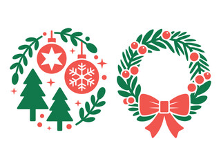 A festive Christmas wreath and decorative ornaments adorn a circular design.