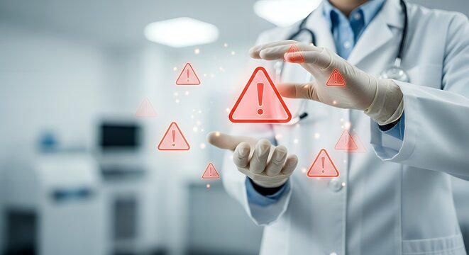 Doctor presents medical warnings with caution signs in a hospital setting online now